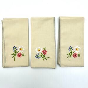 Vintage Hand Embroidered Floral Napkins Set 3 Cottagecore Granny Chic Linens Lot